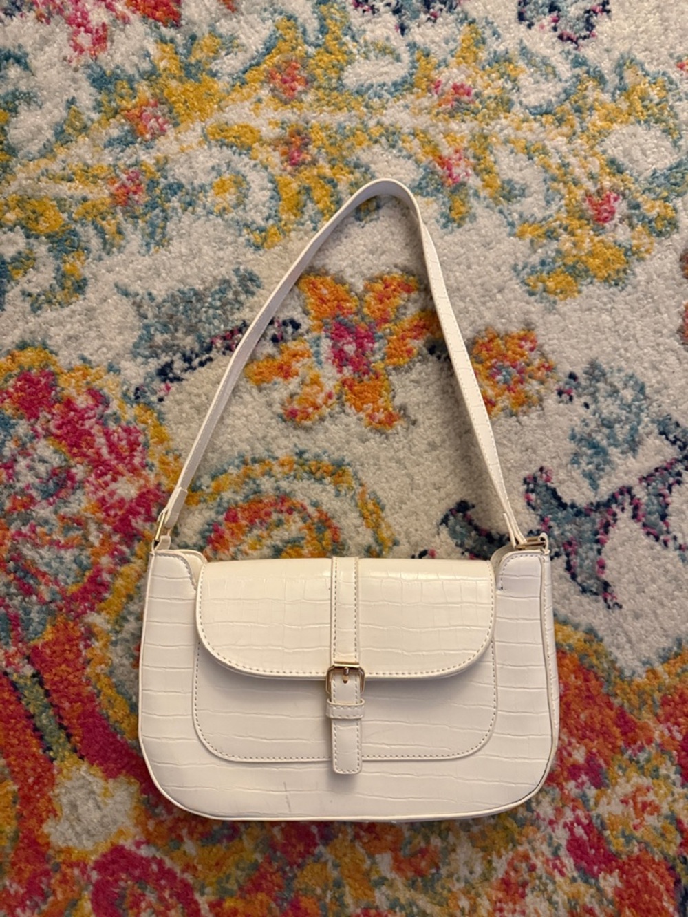 Women's Cream Croc-Embossed Shoulder Bag